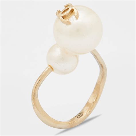 CHANEL CC Spiral Faux Pearl Gold Tone Ring Size 47